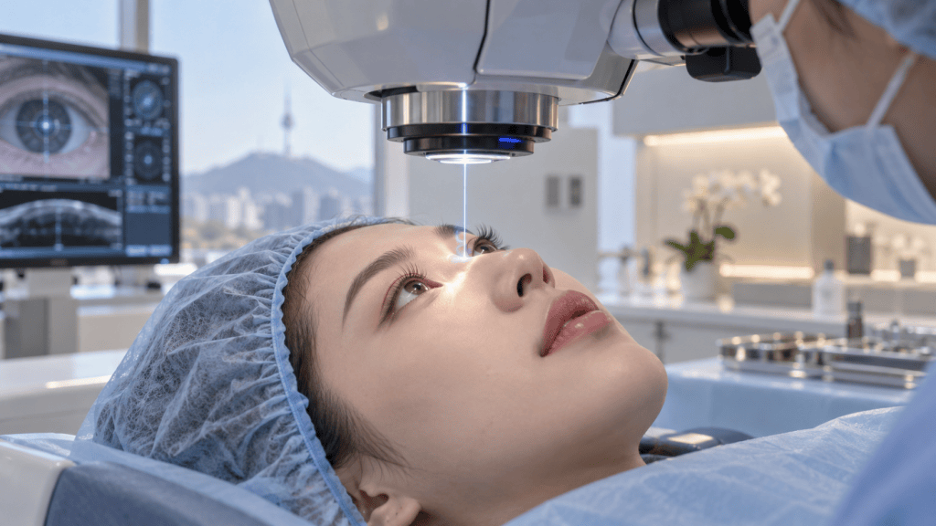 A patient lying on an examination table is receiving eye treatment, with a medical device focused on their eye. The background shows a cityscape and medical equipment.