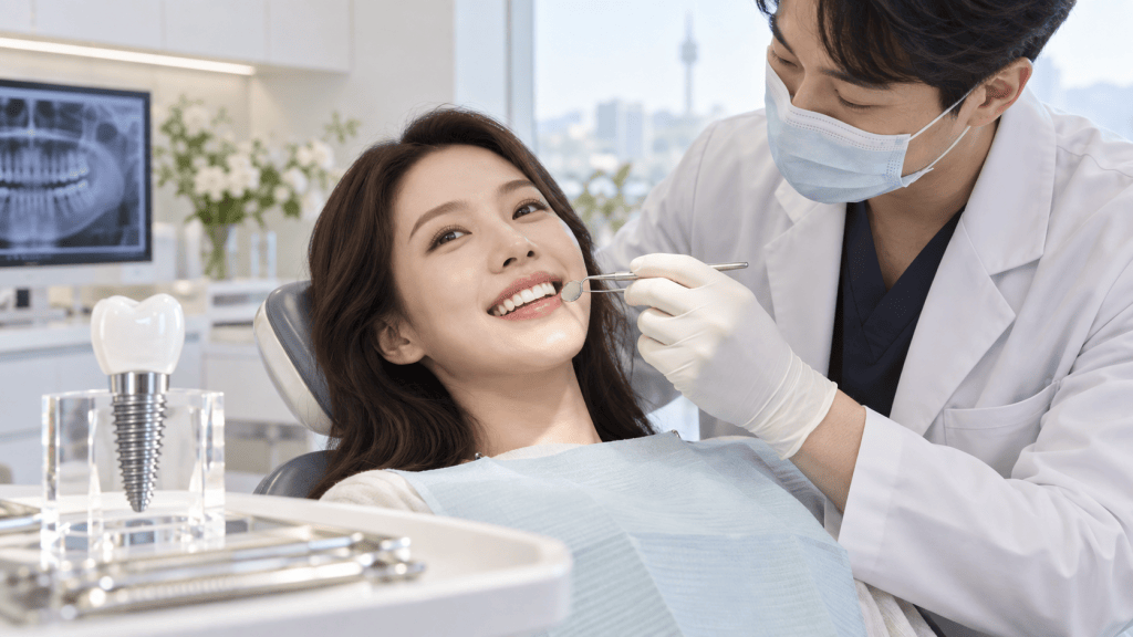 A dentist in a white coat examines a patient's teeth with a dental tool while the patient, a woman, smiles in a dental office with a city view and dental equipment in the background.