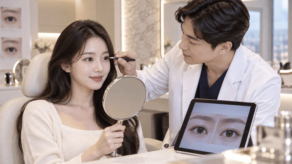 A woman sitting in a beauty salon chair holds a mirror while a professional applies makeup to her eyebrows. A tablet displaying close-up images of eyes is positioned on the counter.