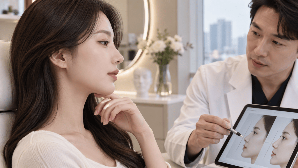 A young woman with long hair sitting in a consultation setting, viewing an image on a tablet while a doctor points out details regarding her profile.