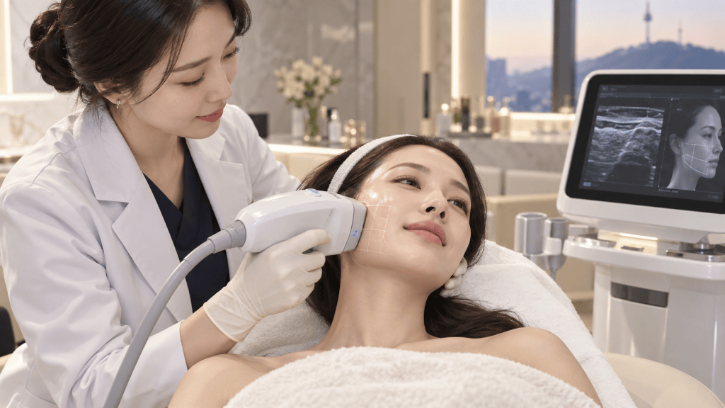A dermatologist performing a facial treatment on a patient using a handheld device, while a monitor displays the treatment progress in a modern clinic.