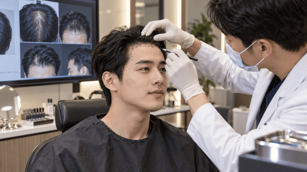 A male patient sitting in a salon chair receives a hair restoration procedure from a medical professional. The technician is marking the patient's scalp, with images of hair loss in the background.