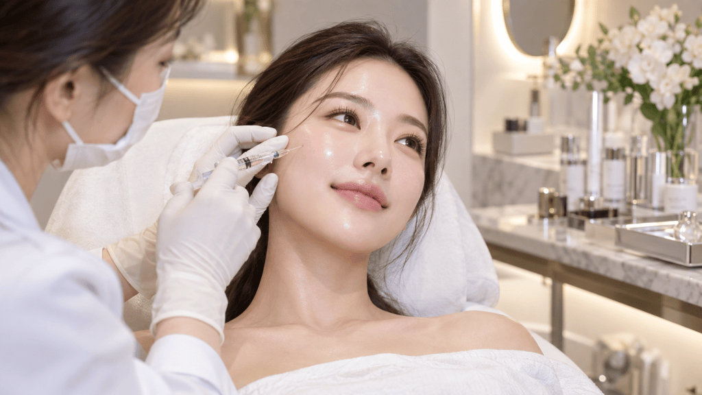 A woman receiving a cosmetic treatment, with a practitioner injecting a serum into her cheek, in a modern clinic setting with skincare products in the background.
