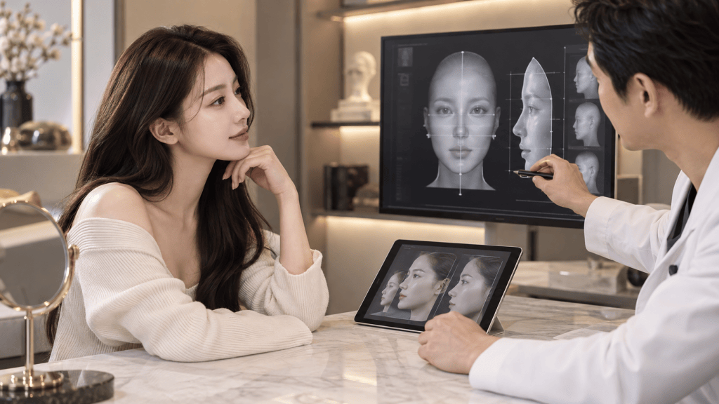 A woman with long hair seated at a table, looking thoughtfully at a male consultant who is analyzing digital facial images on a screen and a tablet.