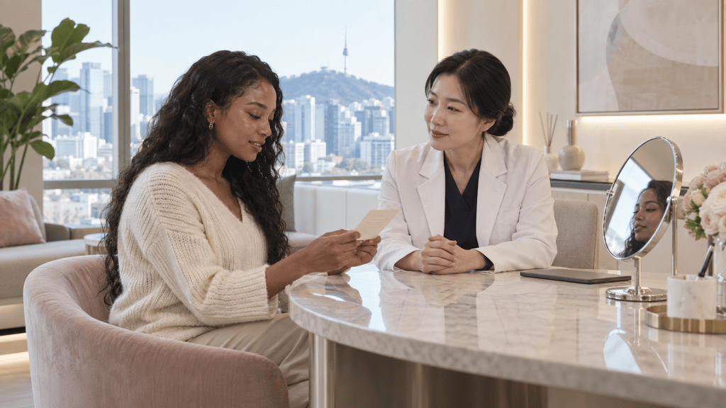 A woman sitting at a marble table listens attentively to a healthcare professional, who is dressed in a white coat. They are engaged in a conversation in a modern office setting with a cityscape in the background.
