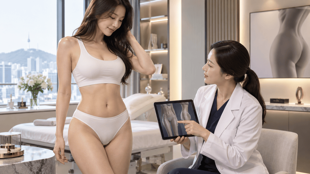 A female model in white lingerie stands in a modern medical office, while a female doctor in a white coat points at an X-ray image on a tablet, discussing joint anatomy.
