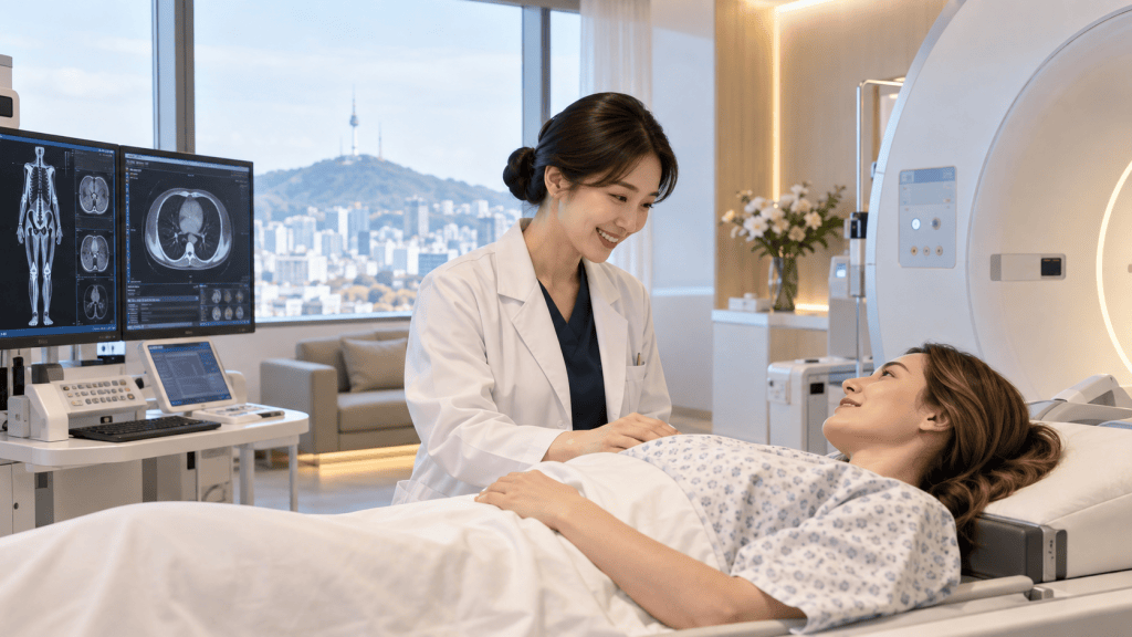 A female doctor in a white coat smiles while interacting with a patient lying on a hospital bed, surrounded by advanced medical equipment and a view of the city skyline through a window.