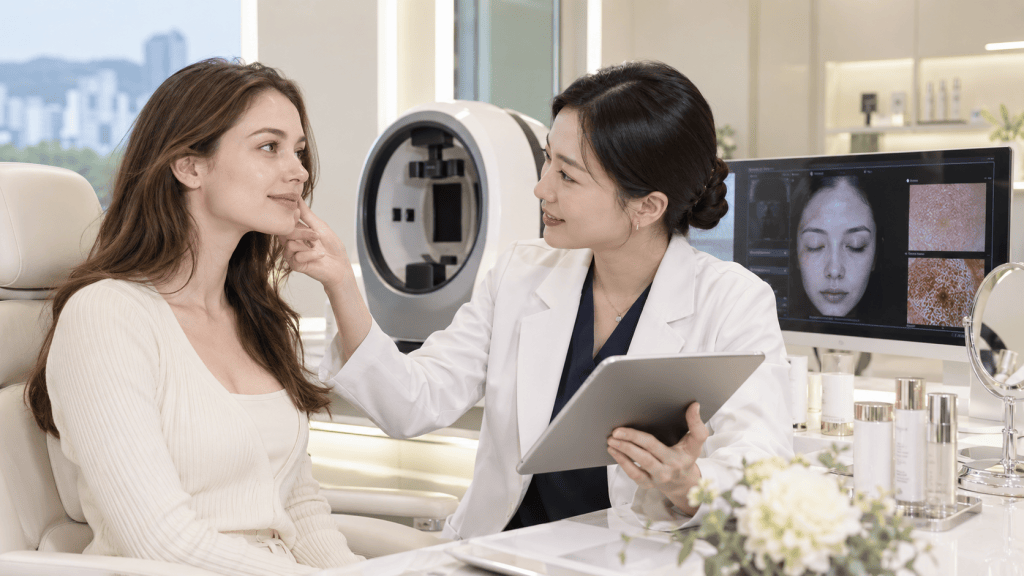A dermatologist consulting with a patient in a modern skincare clinic, reviewing facial analysis on a digital tablet with a monitor displaying detailed skin images.