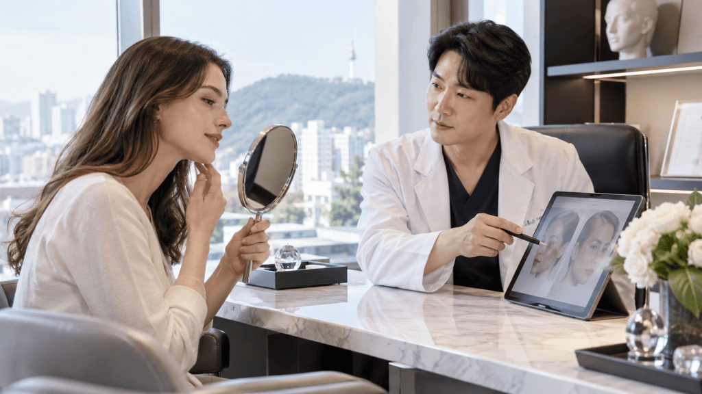 A woman examining her face with a mirror while sitting across from a doctor who is showing her images on a tablet in a modern consultation room.
