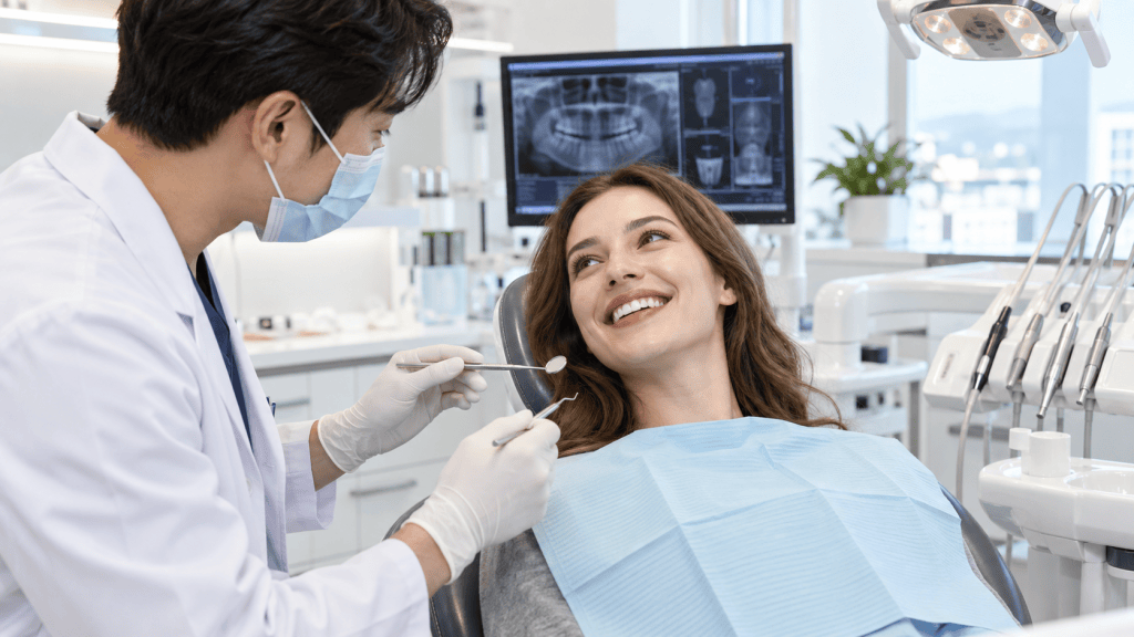 A dentist in a white coat and face mask is examining a smiling patient sitting in a dental chair, with dental tools and a monitor displaying dental images in the background.