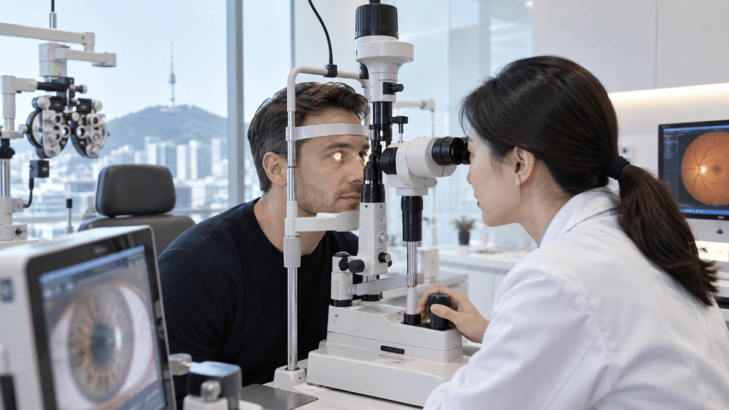 An eye examination in a modern clinic, featuring a male patient looking into an eye examination machine, while a female optometrist conducts the examination.