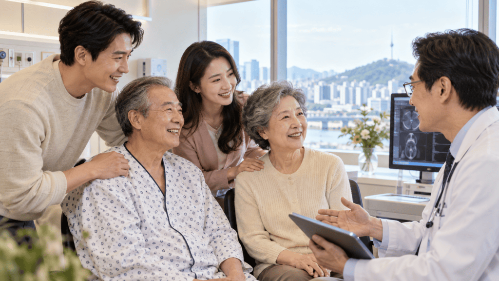 A doctor communicates with a smiling elderly patient and their family in a bright hospital room, with a cityscape visible through the window.