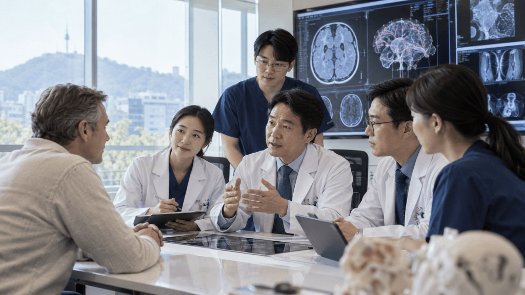 A group of medical professionals discussing a patient's case in a modern conference room, with brain scan images displayed on screens in the background.