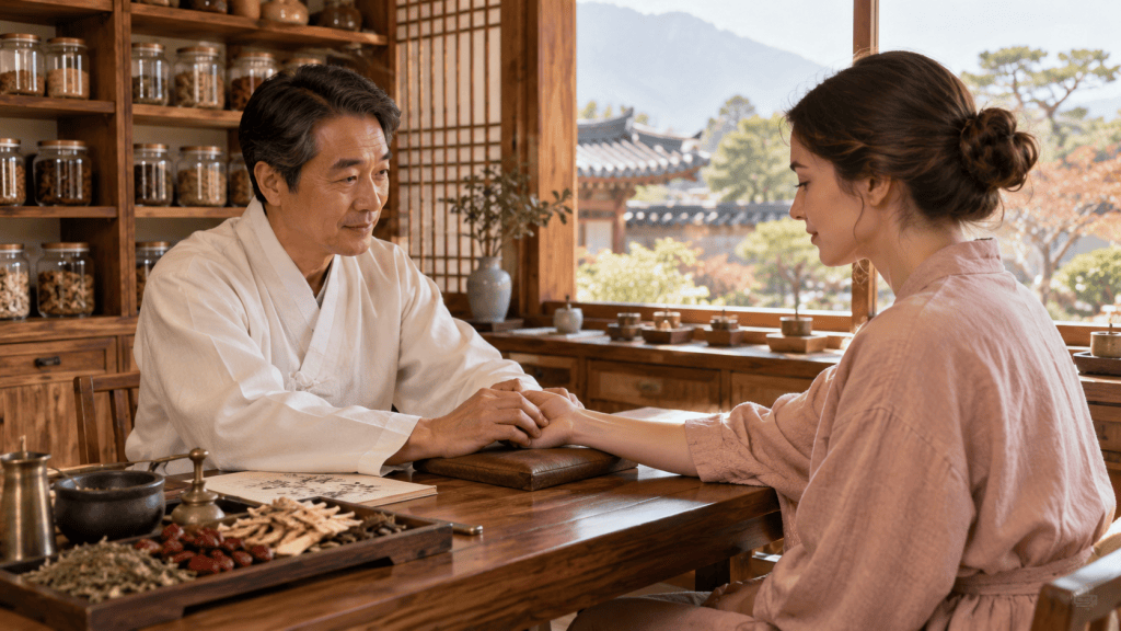 A male practitioner in traditional attire examines the pulse of a woman in a serene herbal medicine shop, surrounded by jars of herbs and natural ingredients.
