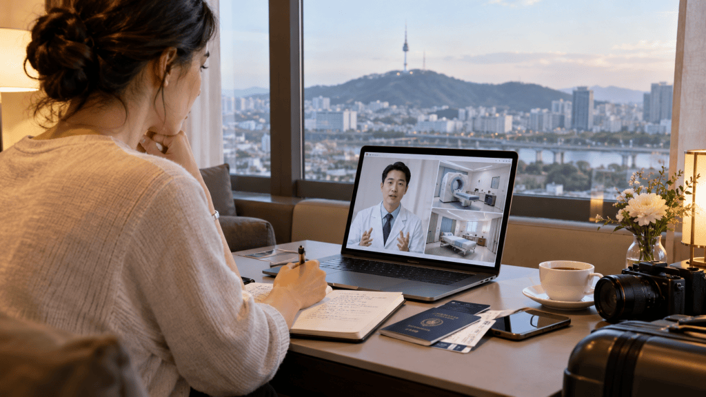 A woman sitting at a desk with a laptop, engaged in a video call with a professional. The background showcases a cityscape with a mountain and a landmark tower in the distance. The desk is adorned with a notebook, coffee cup, camera, and small flowers.