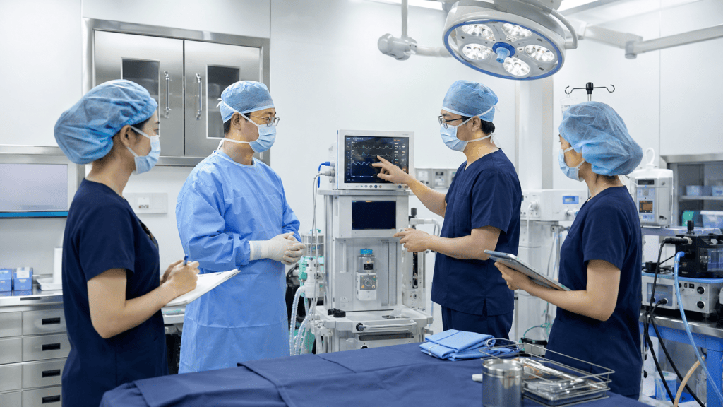 A group of four medical professionals in surgical attire discussing a patient monitor in a modern operating room.