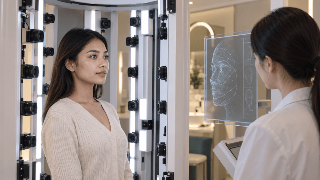 A woman standing in front of a digital analysis machine in a skincare clinic, with a technician observing a facial mapping display.