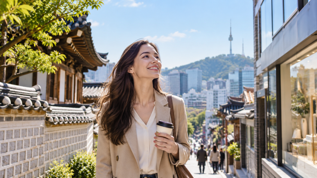 A woman with long hair, dressed in a light blazer, smiles while holding a coffee cup, walking through a traditional neighborhood with modern skyline and Namsan Tower in the background.