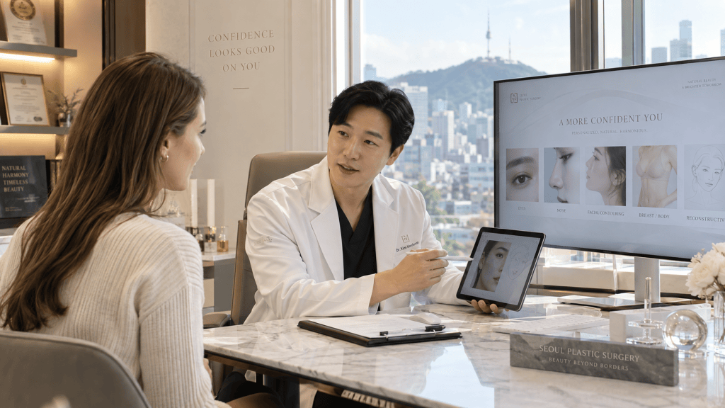 A plastic surgeon discussing cosmetic procedures with a patient in a modern clinic setting, with a city view in the background and a screen displaying options for facial and body enhancements.