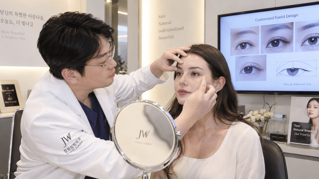 A plastic surgeon demonstrates eyelid design techniques on a patient in a clinic setting, with a digital screen displaying eye design options in the background.