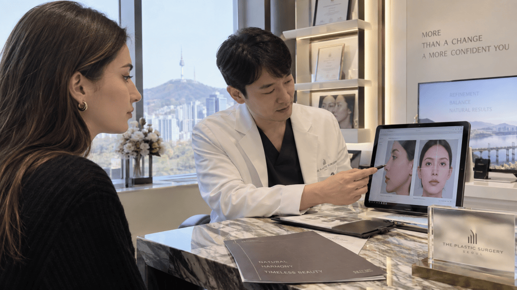A plastic surgeon shows a patient facial enhancement options on a tablet in a modern clinic, with a city view in the background.