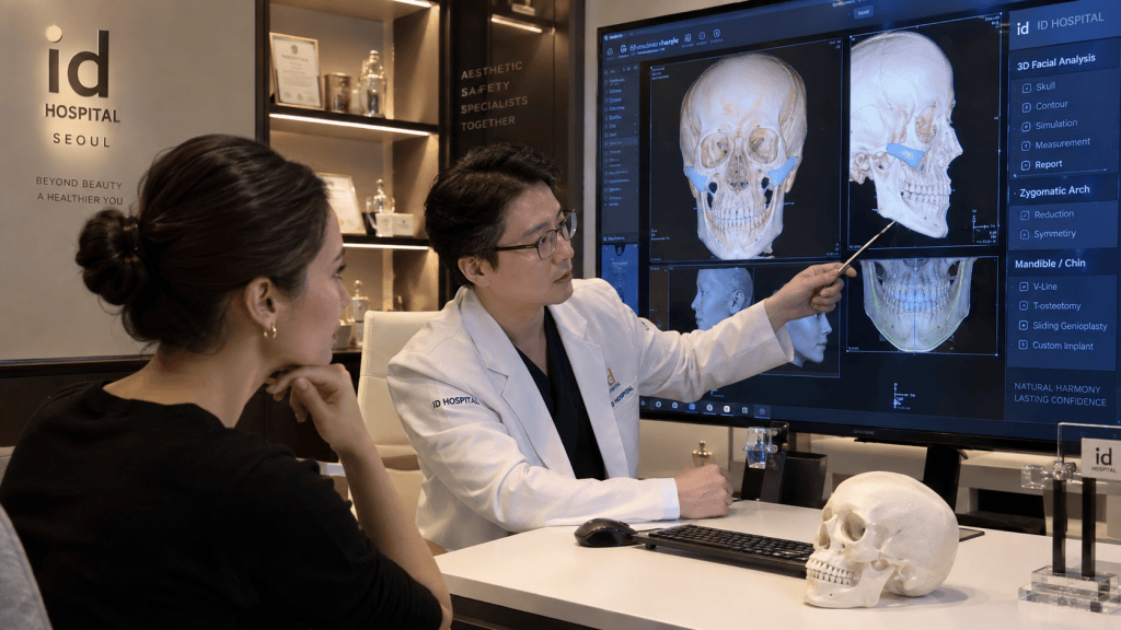 A medical professional in a white coat points at a computer screen displaying 3D facial analysis images, while a patient attentively listens in a hospital setting.