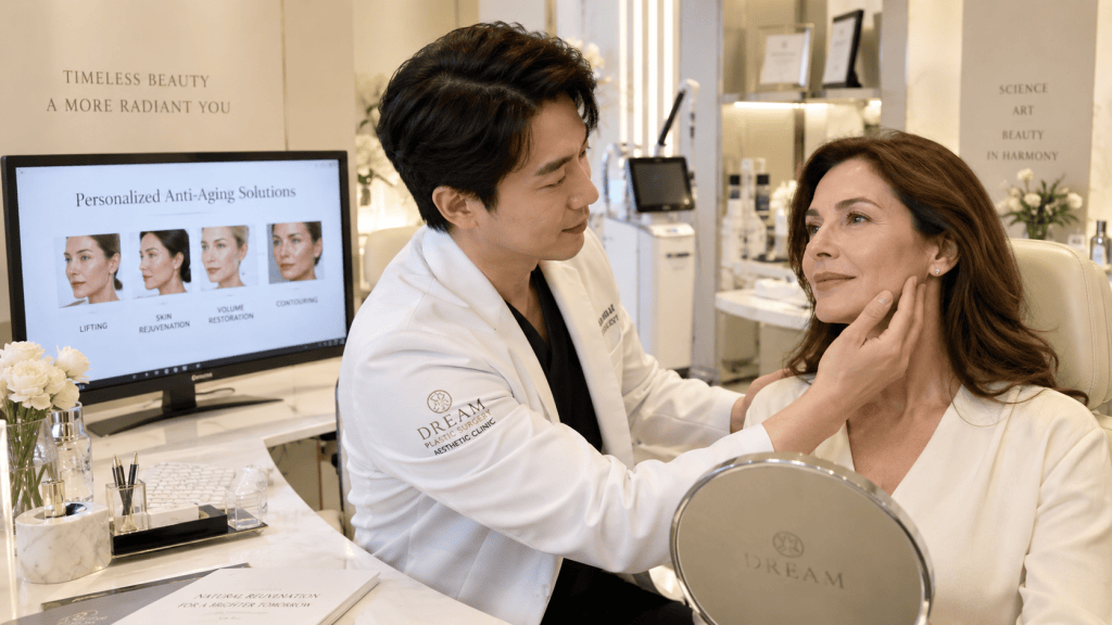 A medical professional consulting a patient in an aesthetic clinic, discussing anti-aging treatments while the patient sits relaxed and looks into a mirror.