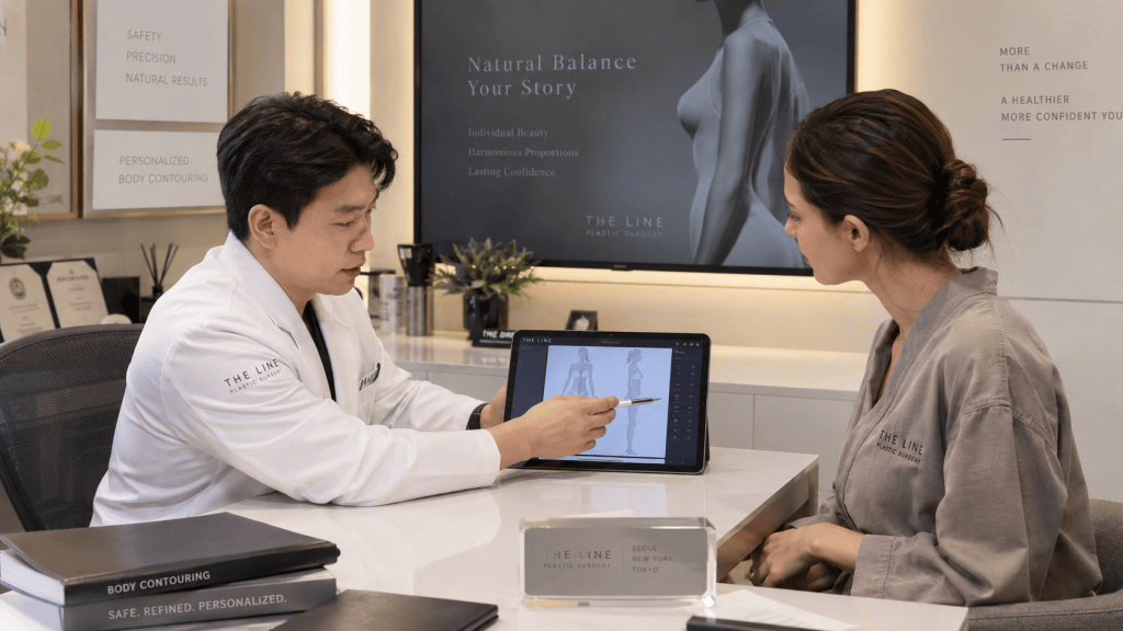 A doctor in a white coat discussing an image on a tablet with a patient in a gray gown at a plastic surgery clinic.