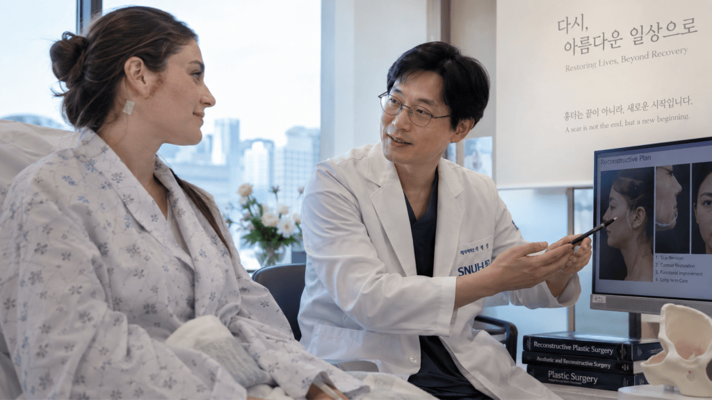 A doctor in a white coat explains a reconstructive plan to a patient sitting in a medical office. The patient, dressed in a hospital gown, listens attentively while the doctor points to a computer screen displaying images related to plastic surgery.