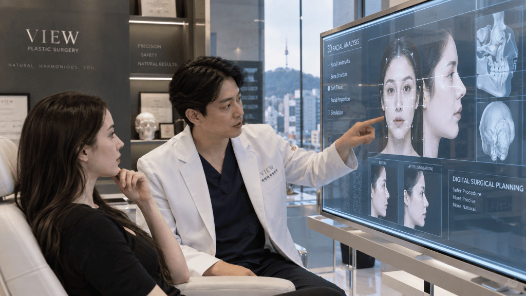 A plastic surgeon discussing a patient's 3D facial analysis on a digital screen, showcasing before and after simulation images, with the VIEW Plastic Surgery logo in the background.