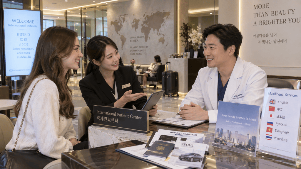 A friendly consultation at an International Patient Center, featuring a female patient and two staff members discussing medical services. A physician in a white coat and an assistant in a black blazer engage with the patient at a reception desk adorned with brochures and a multilingual services sign.