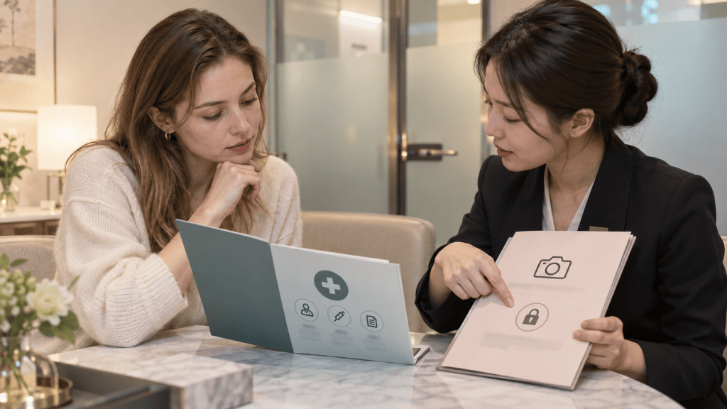 Two women engaged in a discussion at a table, reviewing documents. One woman is pointing at an image, while the other is focused on the materials in front of them. The setting is a modern, well-lit office.