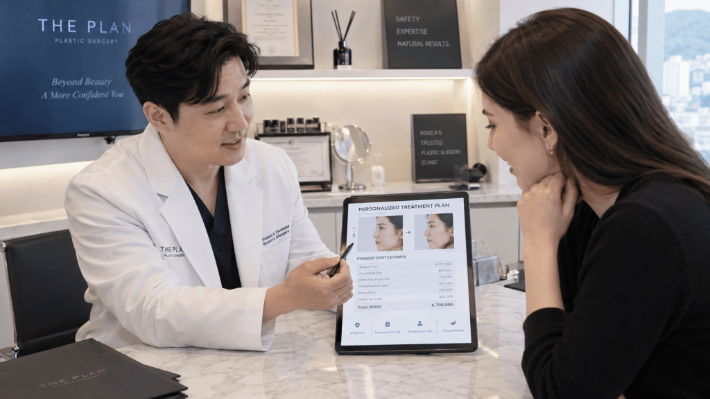 A consultation between a plastic surgeon and a patient discussing a personalized treatment plan on a tablet in a modern clinic.