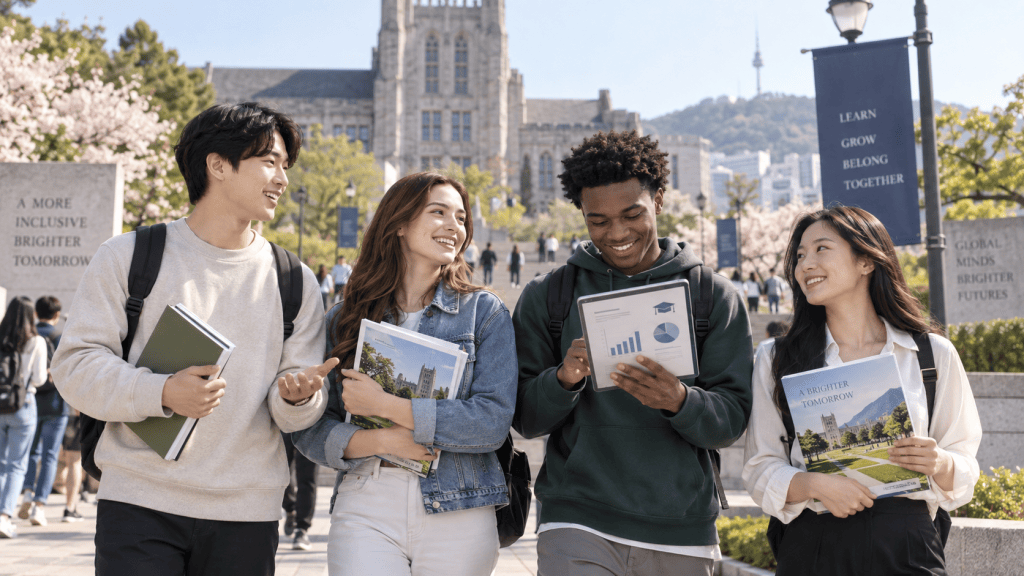Four diverse students walking together on a university campus, smiling and holding books and reports, with cherry blossom trees and academic buildings in the background.