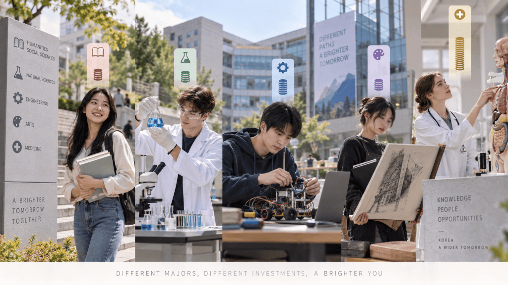 A diverse group of students engaging in various academic fields outdoors, with signs displaying different majors like Humanities, Natural Sciences, Engineering, Arts, and Medicine. One student is holding books, another is conducting a science experiment, while others are working on technology and art projects. The scene conveys the theme of pursuing different paths for a brighter future.