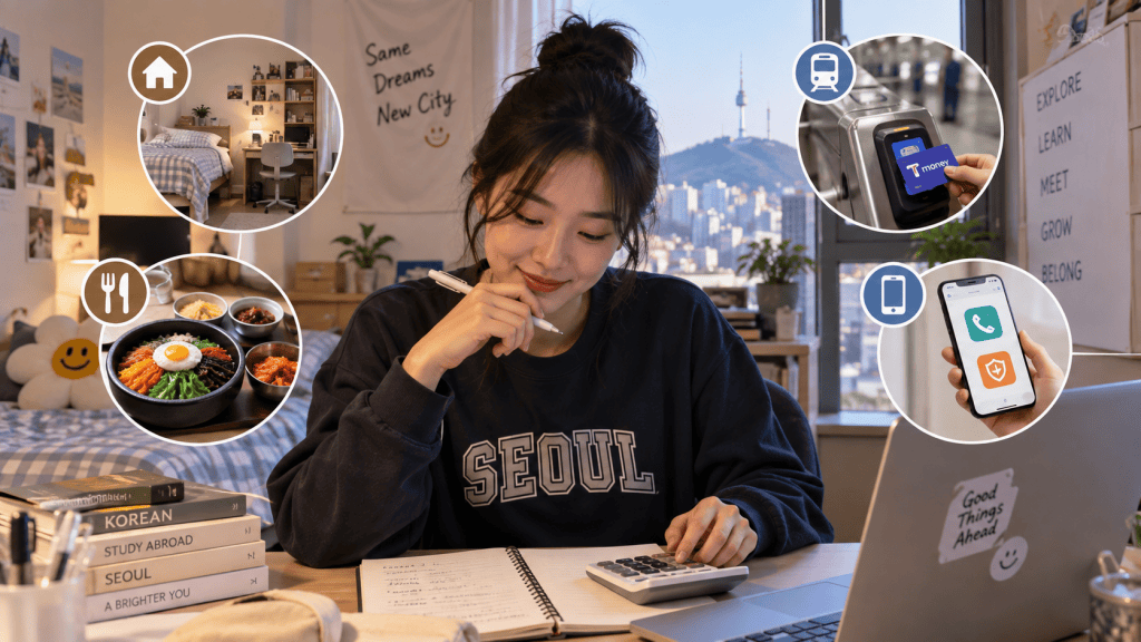 A student sitting at a desk, contemplating with a calculator, surrounded by icons representing home, food, transportation, and mobile technology, with a view of a city skyline in the background.