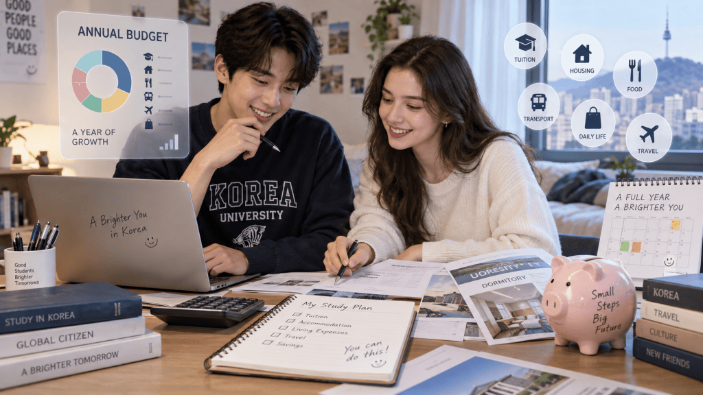 A young man and woman studying together at a desk, surrounded by study materials, a laptop, and a piggy bank. They are discussing an annual budget plan while charts and icons relating to living expenses are visible in the background.