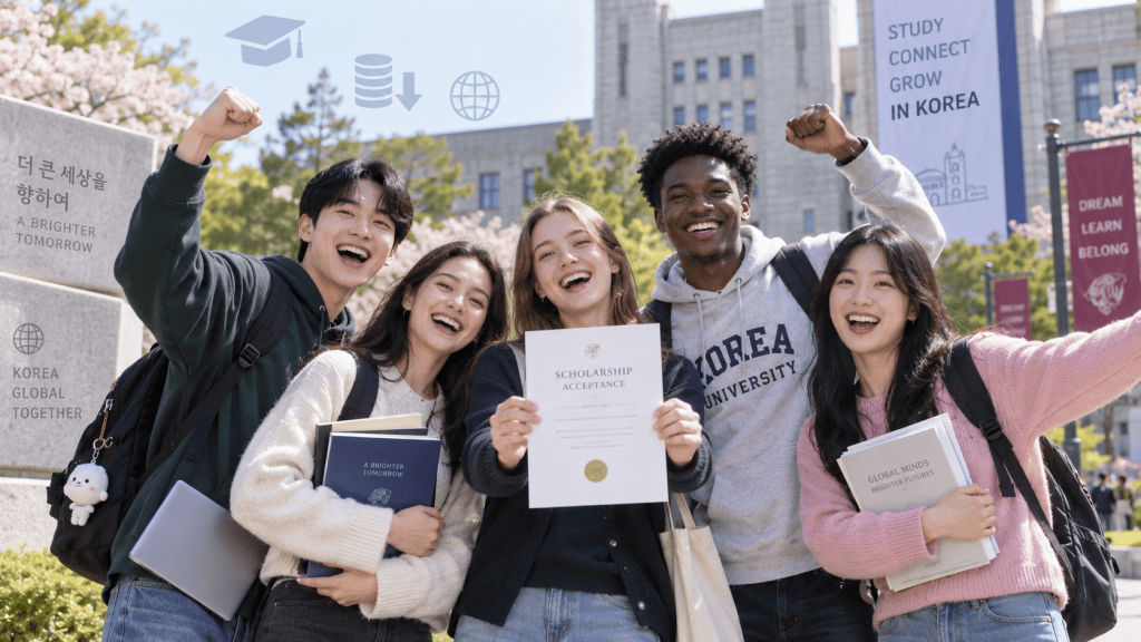A group of five diverse students joyfully holding a scholarship acceptance letter in front of a university building, surrounded by cherry blossoms and educational banners.