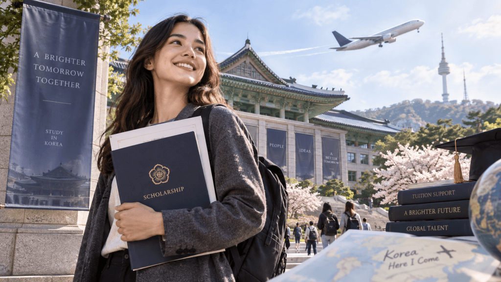 Young woman smiling while holding a scholarship document in front of a university building in Korea, with cherry blossom trees and an airplane flying in the sky.