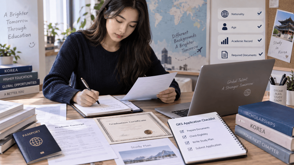 A young woman studying at a desk with documents, a laptop, and educational materials, focused on her work for studying abroad in Korea.