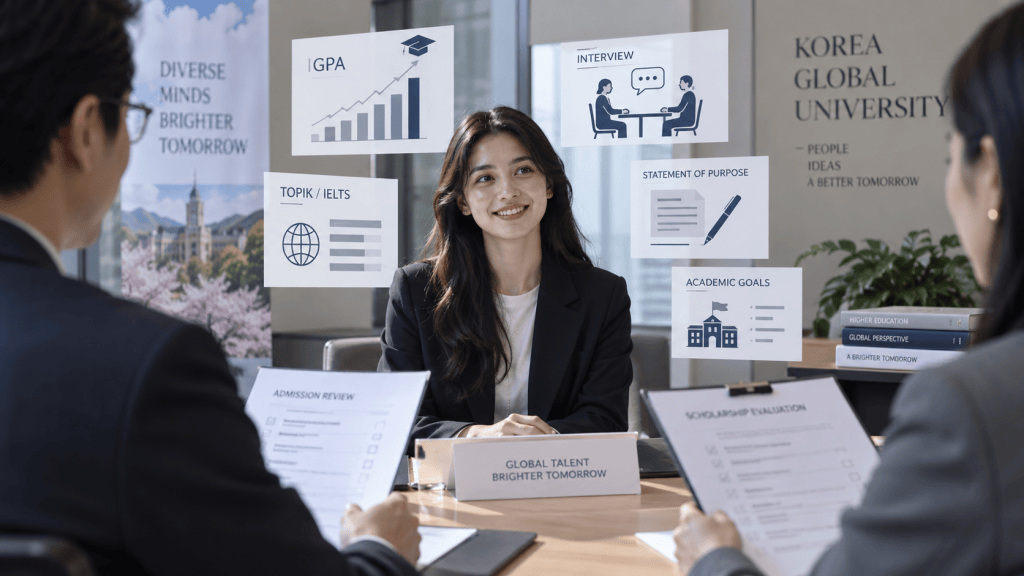 A professional interview scene at Korea Global University, featuring a young woman in a suit smiling while discussing academic goals with an unseen interviewer. Clear graphical elements regarding GPA, language tests, and admission review are displayed around them.