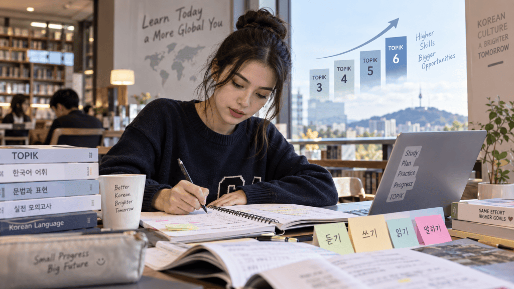 A young woman studying at a desk in a cozy library setting, surrounded by books on Korean language and culture. She is writing notes and has various study materials, including sticky notes, open books, and a laptop. The window view shows a cityscape with a mountain in the background.