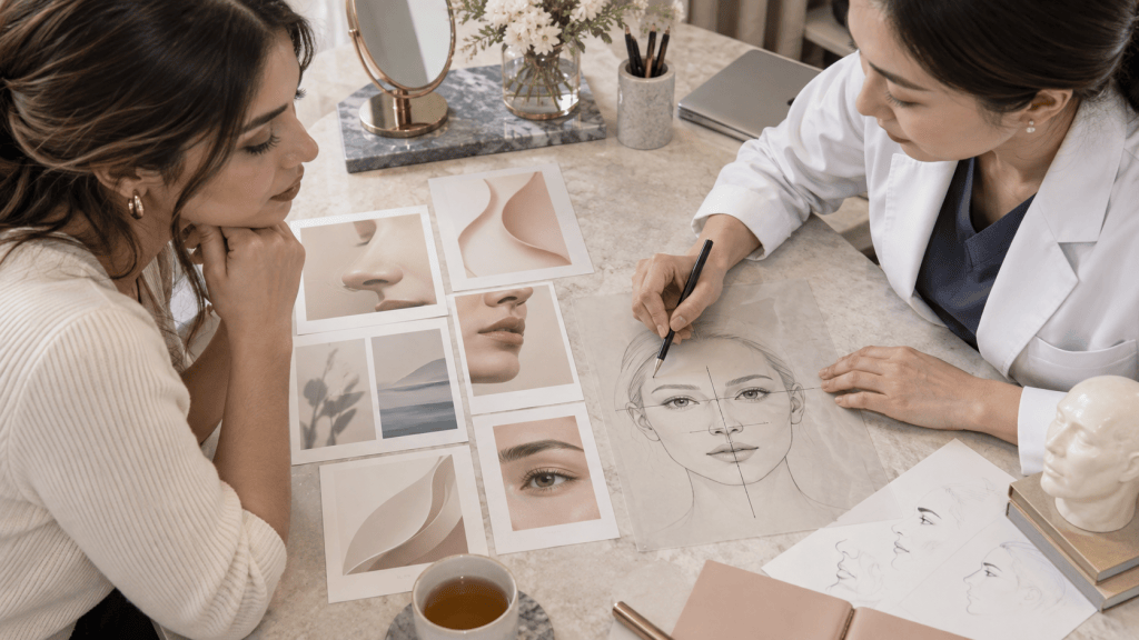 A beauty consultant sketches a face while discussing design concepts with a client, surrounded by mood boards and a coffee cup.