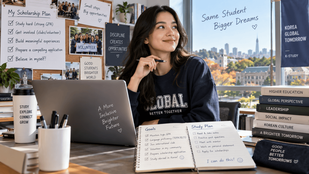 A young woman sitting at a desk, smiling and looking thoughtfully at her study plan, surrounded by motivational posters and books.
