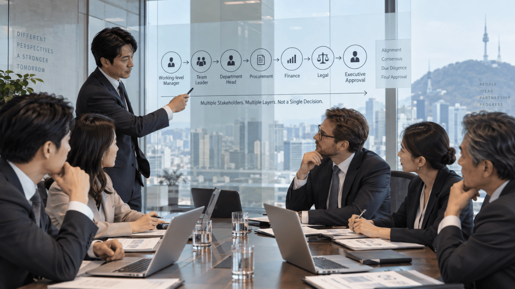 A business meeting with a speaker presenting a flowchart on a glass screen, illustrating a decision-making process involving multiple stakeholders, while colleagues discuss at a conference table.