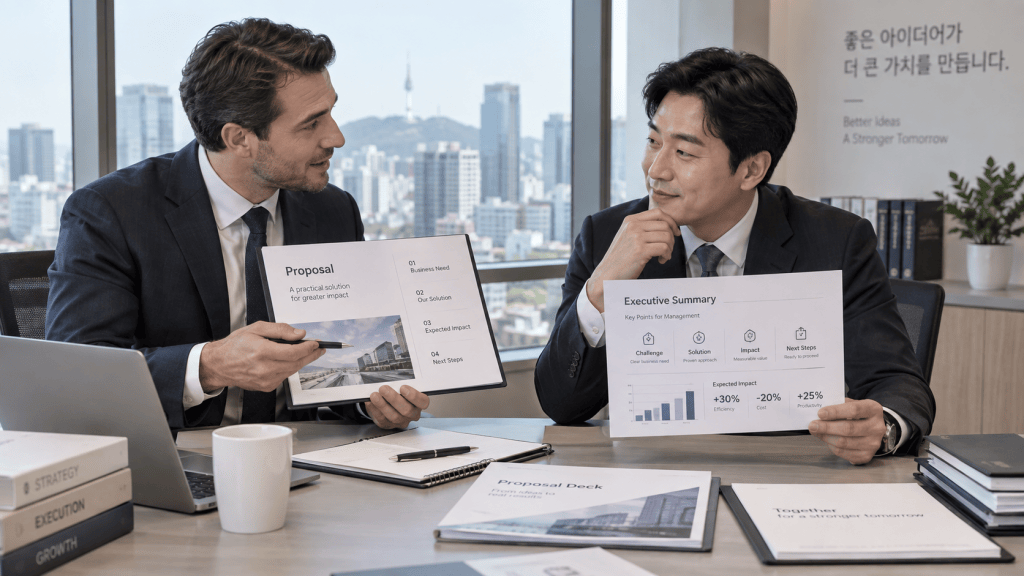 Two professional men engaged in a business meeting, discussing printed proposals and summaries. The background shows a city skyline, and the table has laptops and documents.