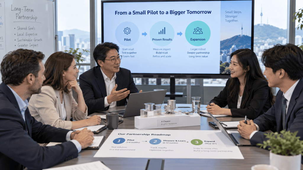 A business meeting with four professionals discussing a partnership strategy. A slide presentation in the background outlines the plan 'From a Small Pilot to a Bigger Tomorrow.' The table features documents and coffee cups, with a city skyline visible through the windows.