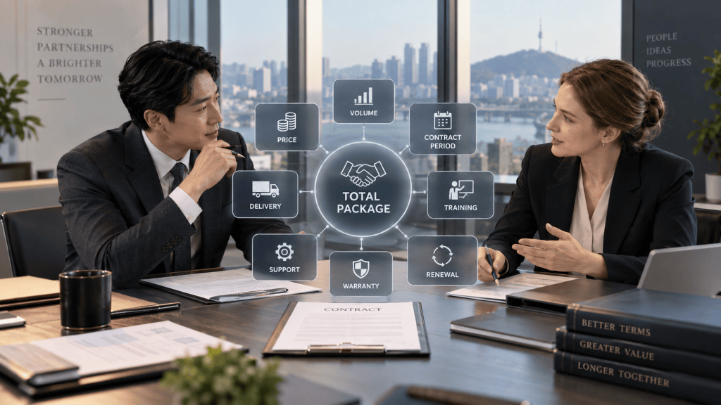A business meeting featuring a man and a woman discussing a contract. Various icons representing key elements such as price, delivery, support, warranty, training, and renewal are displayed in a graphic around the central term 'Total Package'. The scene is set in a modern office with a city view.