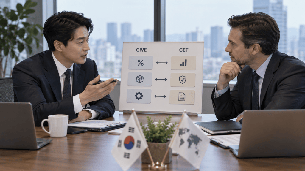 Two business professionals engaged in a discussion at a conference table, with a presentation board displaying 'GIVE' and 'GET' concepts in the background.