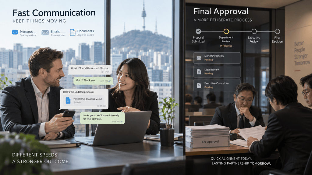 A business meeting featuring two professionals discussing a proposal on a laptop, with text message exchanges shown on the screen. A group of three men in the background are reviewing documents. The backdrop includes a city skyline.